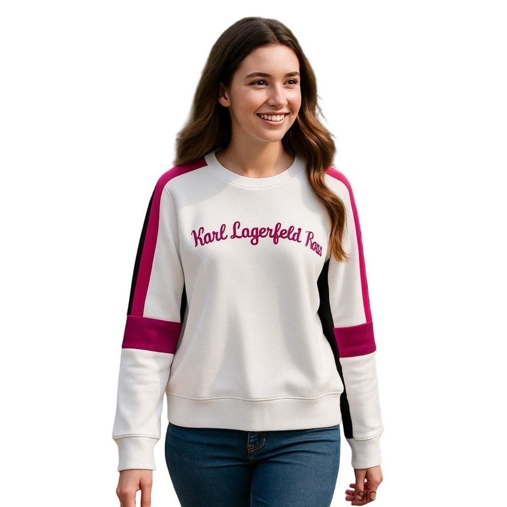 Karl Lagerfeld  Size S Paris Logo Sweatshirt Pink Colour Blocking Stripe NWT